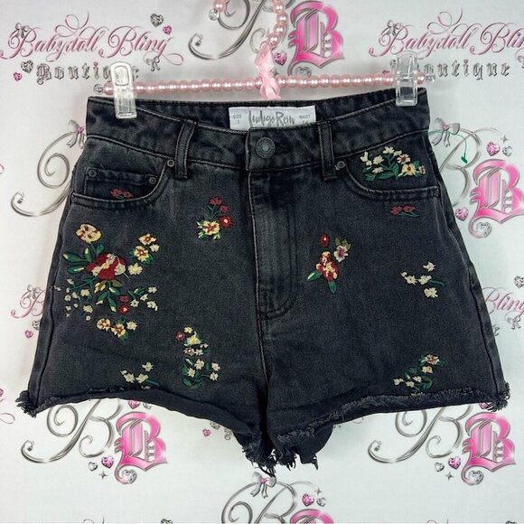Indigo Rein Pants - Indigo Rein shorts mini flowers distressed Black Floral Embroidered Jean Shorts